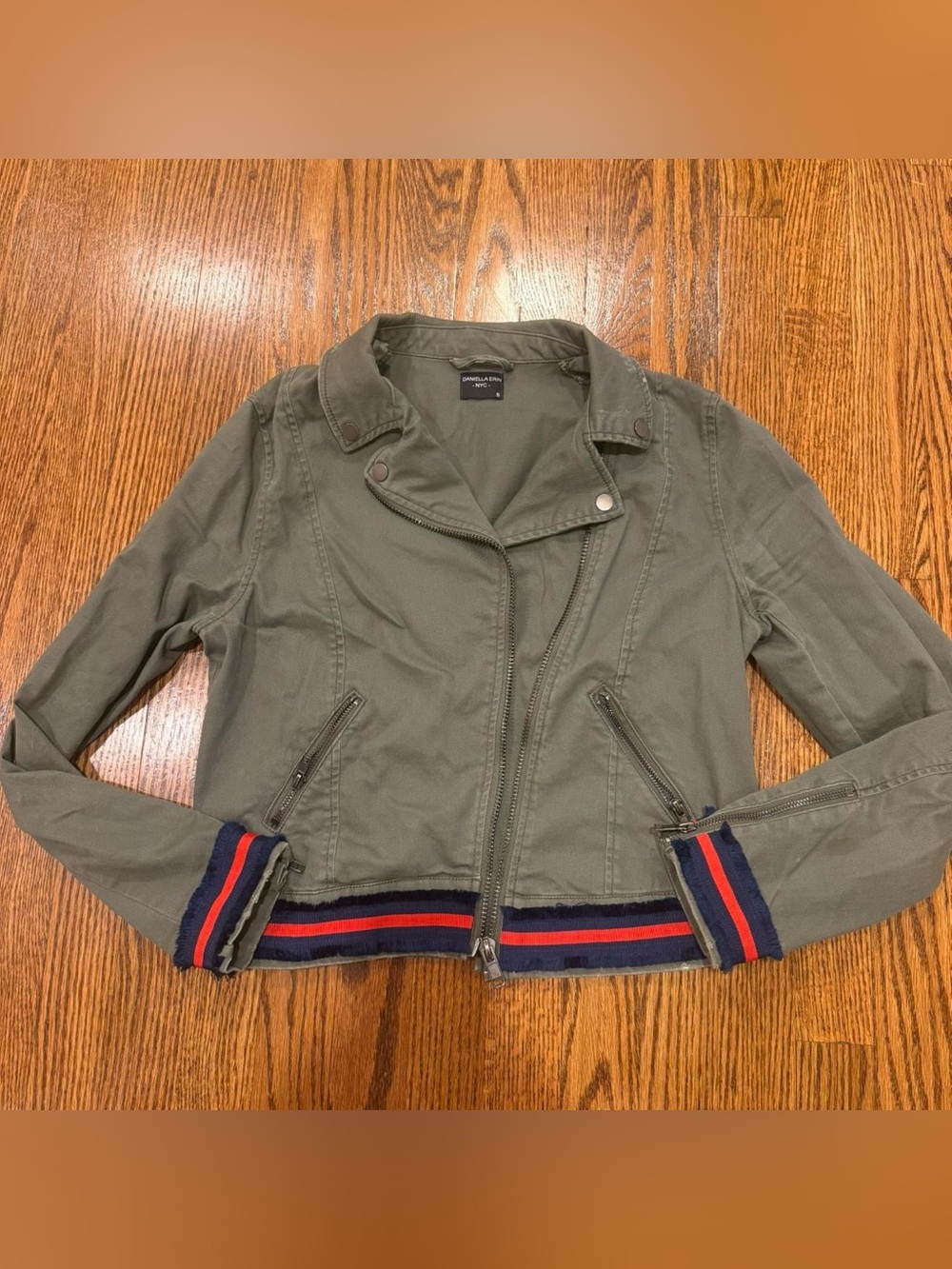 Olive Women's Moto Jacket with Stripe Hem